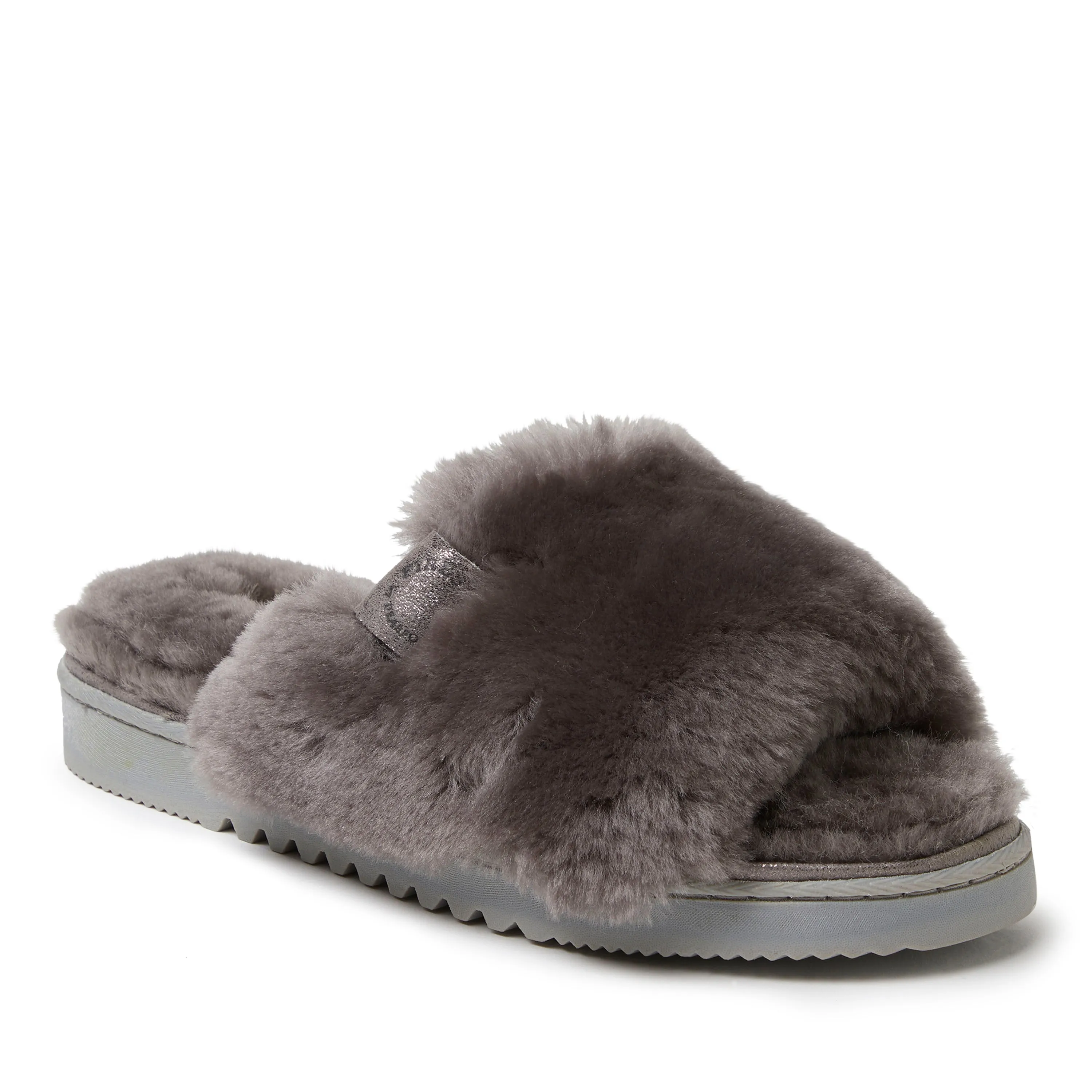 Fireside by Dearfoams Women's Cairns Genuine Shearling Slide with Metallic Trim