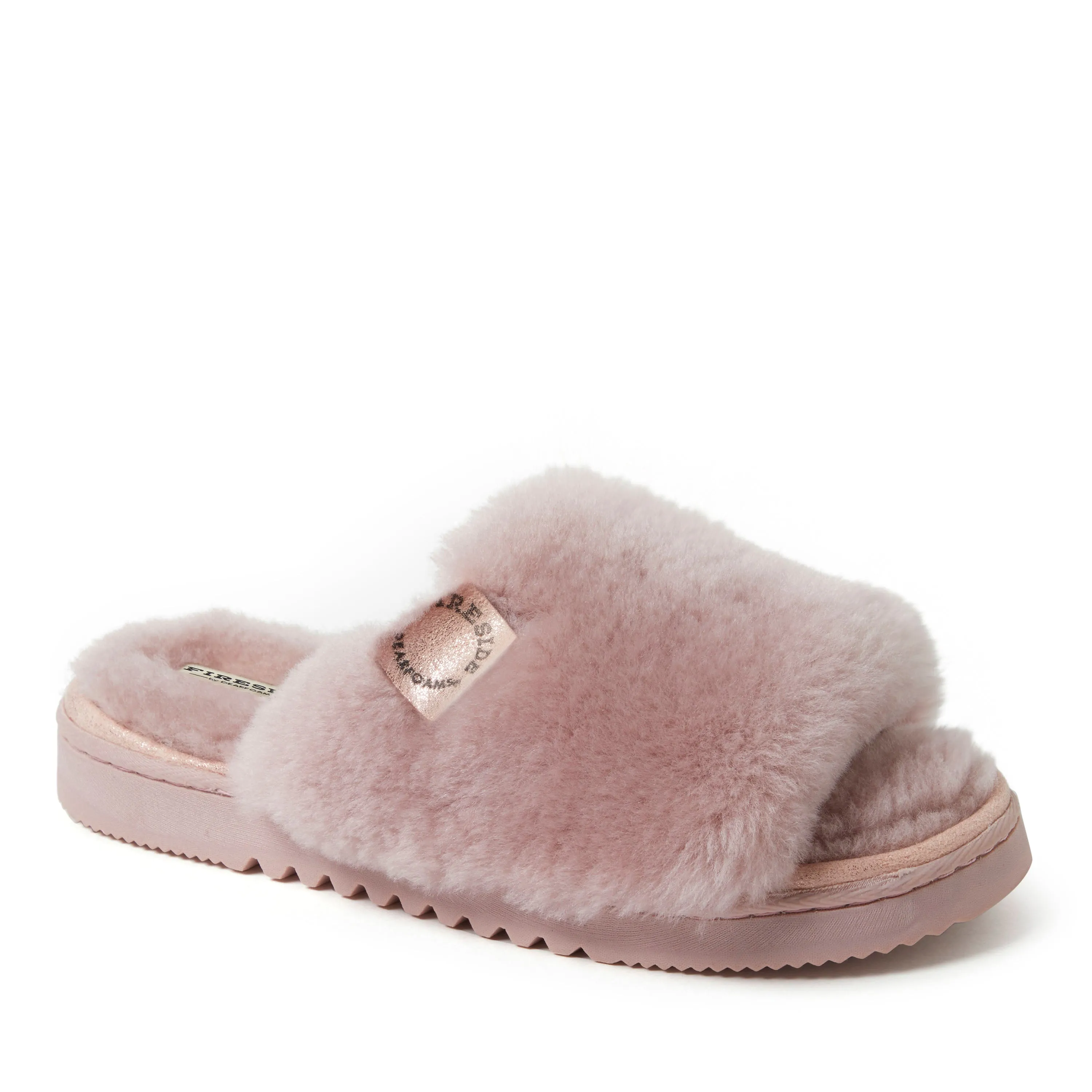 Fireside by Dearfoams Women's Cairns Genuine Shearling Slide with Metallic Trim