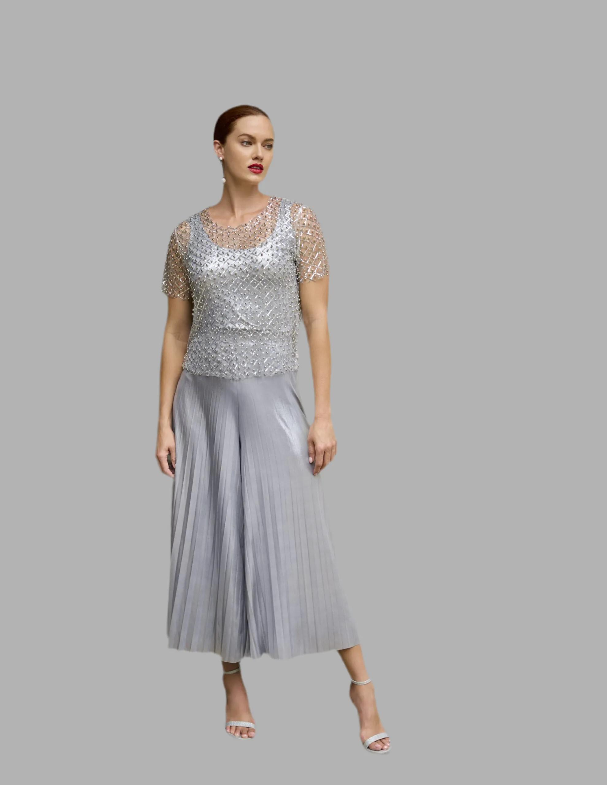 Frank Lyman - 3 pce Metallic silver Palazzo Pant and Beaded Pullover Set with Cami