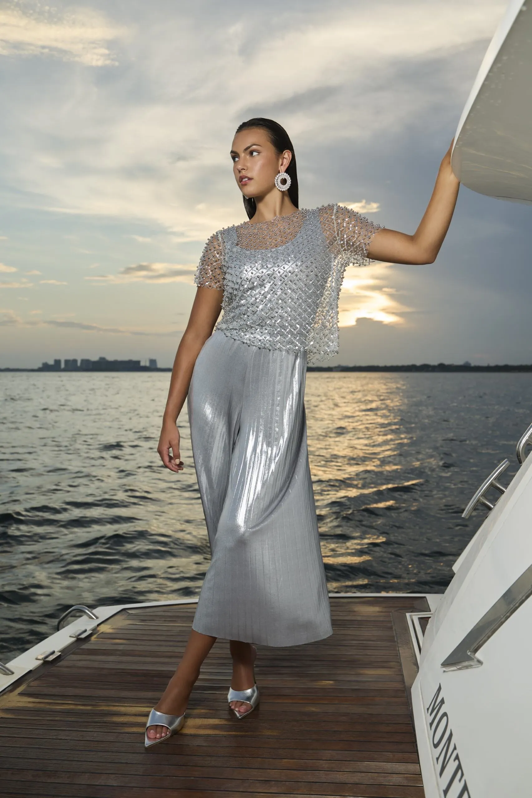 Frank Lyman - 3 pce Metallic silver Palazzo Pant and Beaded Pullover Set with Cami