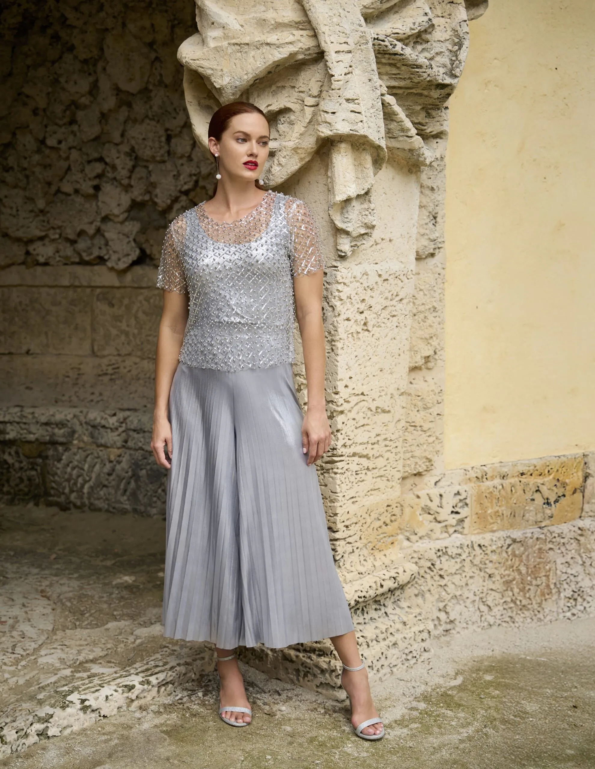Frank Lyman - 3 pce Metallic silver Palazzo Pant and Beaded Pullover Set with Cami