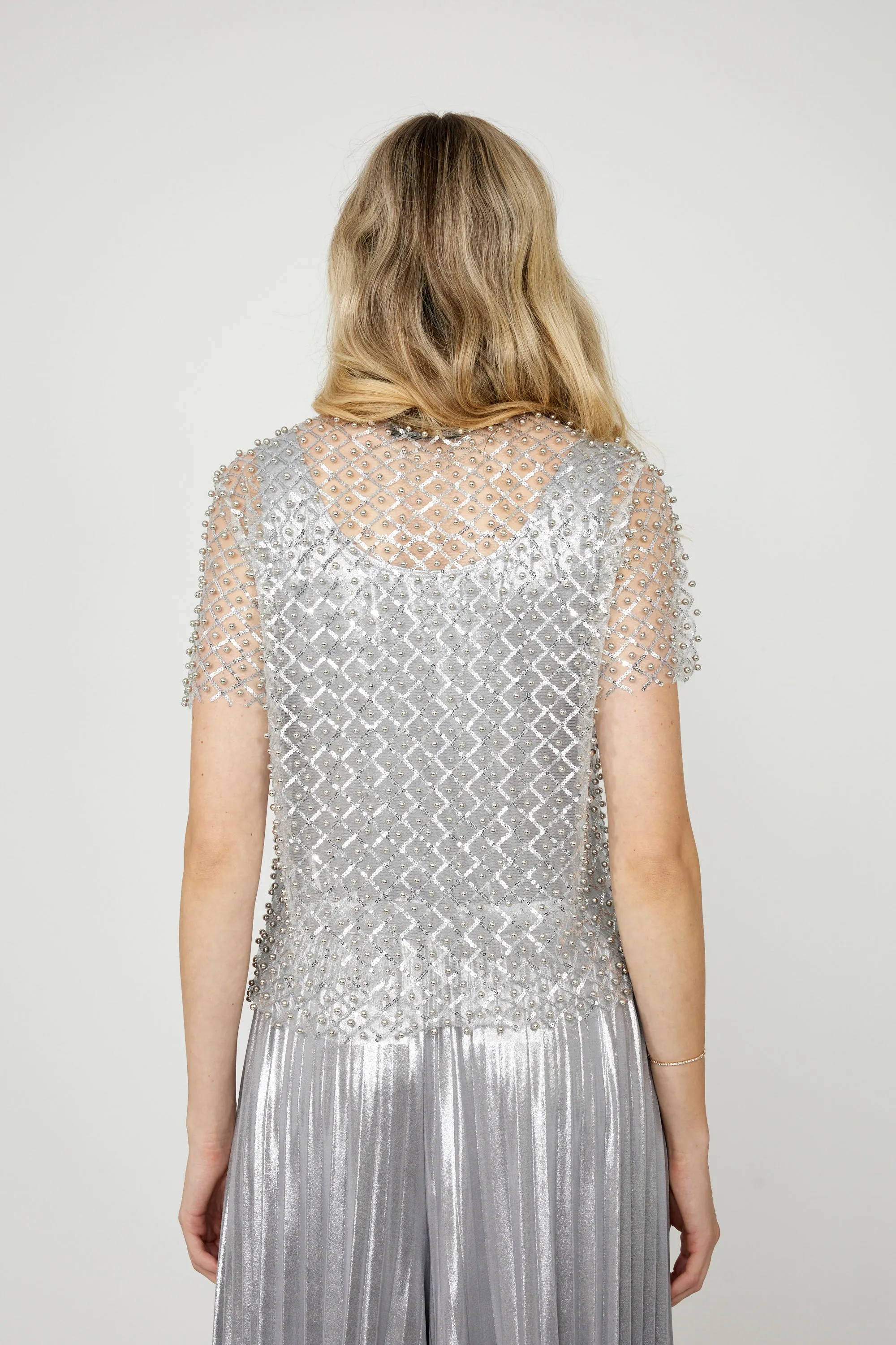 Frank Lyman - 3 pce Metallic silver Palazzo Pant and Beaded Pullover Set with Cami