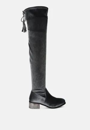 rumple velvet over the knee clear heel boots