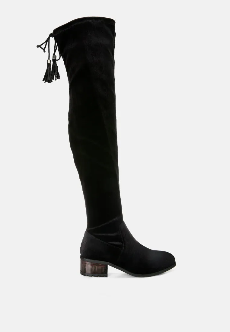 rumple velvet over the knee clear heel boots