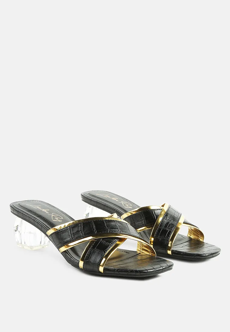 stellar gold line croc textured low heel sandals