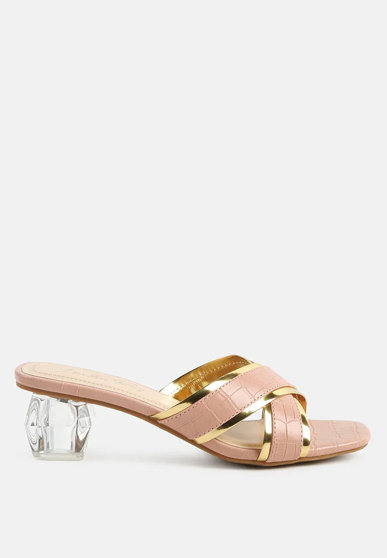 stellar gold line croc textured low heel sandals