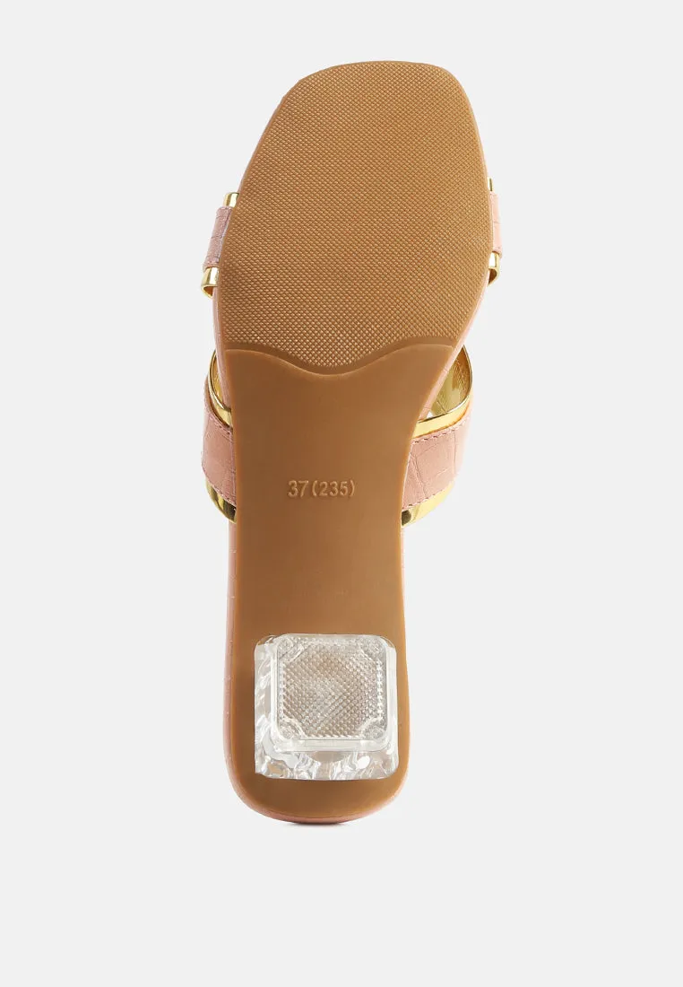 stellar gold line croc textured low heel sandals