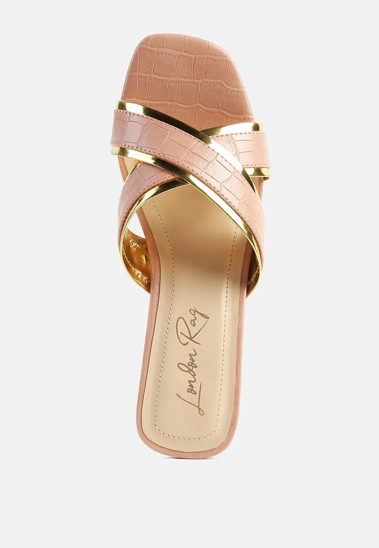 stellar gold line croc textured low heel sandals