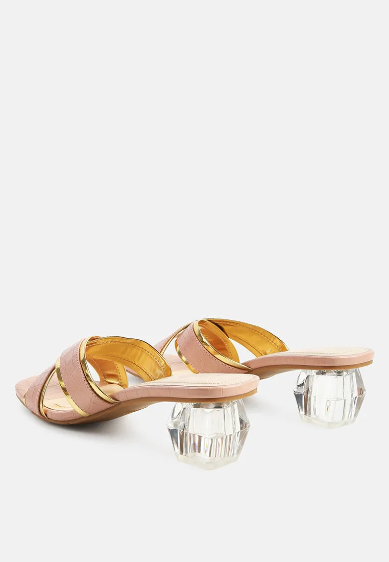 stellar gold line croc textured low heel sandals