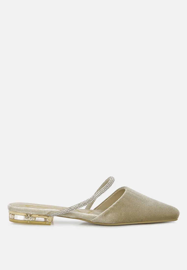 turnon velvet diamante detail flat mules